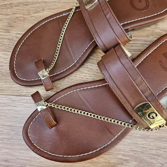 G By Guess Brown Leather Sandals with Gold Chain Size 8 - Picture 4 of 16